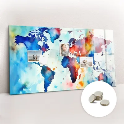 Obrázek produktu pro Magnetická Tabule na Zeď Skleněná - Memo Board Kleněnou Přední Stranou - 5 magnetů v balení - 120x60 cm - Malovaná mapa
