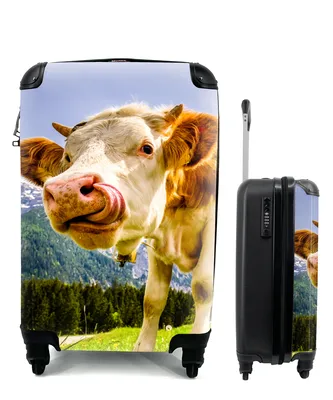 Produktbild von MuchoWow® Koffer Handgepäck Trolley Rollkoffer Kleine Reisekoffer mit 4 Rollen - Kühe - Berge - Gras - Landschaft - Alpen - Cabin Size < 55x40x23 cm & 55x40x20 cm - Fotokoffer - Kabinenkoffer - Boardgepäck - Reise-Box - Reisekoffer - Reisegepäck - Koffer mit Bild - Trolley für Kinder