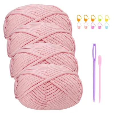 Image de Fil à tricoter en mélange coton-nylon, 4 pelotes de 50g, couleur rose, idéal pour les débutants