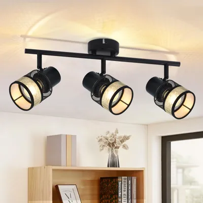 Produktbild von ZMH Deckenstrahler 3 Flammig Schwarz Deckenspot Flur Metall Vintage E27 330° Max.25W LED Deckenlampe mit Gold Stoffschirm für Wohnzimmer Küche