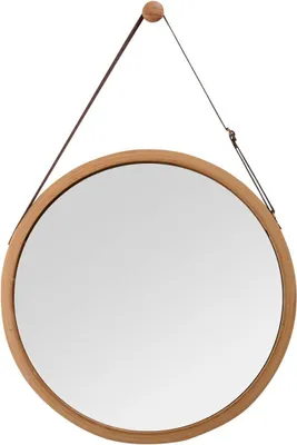 A round mirror with a wooden frame and a leather strap for hanging, isolated on a white background.