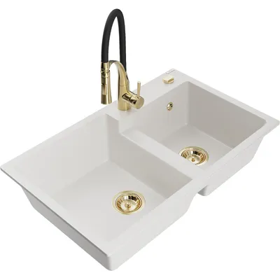 Obrázek produktu pro Mexen Tomas 2-miskový granitový dřez s kuchyňskou baterií Aster, Bílá - 6516-20-73450-57-G