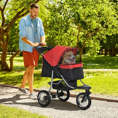Produktbild von Hundebuggy mit 3 Rädern klappbar Hundewagen Pet Stroller Katzenbuggy bis 10 kg für Hunde & Katzen 109,5 x 54,5 x 106,5 cm Rot+Schwarz
