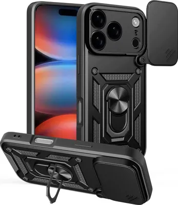 Image de Housse Camshield Hybrid Armor pour Iphone 17 Pro Blindée avec support et protection de l'appareil photo - Noir