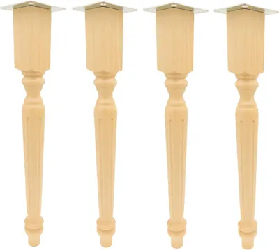 Four wooden table legs are arranged in a row against a white background.