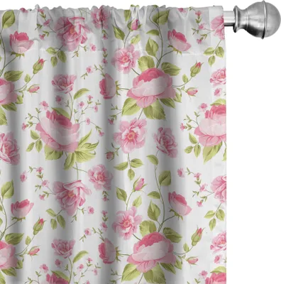 Image de ABAKUHAUS rideaux à feuilles roses, rideaux, style vintage sur le thème du jardin anglais, joli motif de pivoines, 2 pièces 75 x 225 cm, rose pastel rose bébé