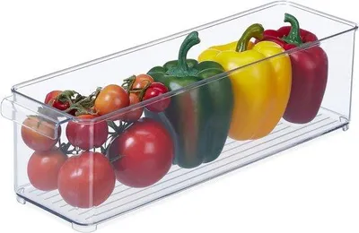 Zdjęcie produktu dla Półka chłodnicza na żywność – wąska półka kuchenna z uchwytem – przezroczysta – 10 x 365 x 10 cm