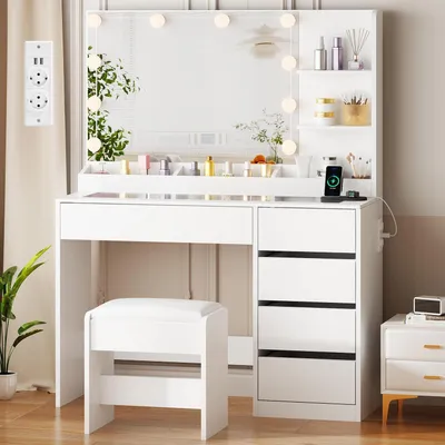 Immagine prodotto di Comò da trucco con illuminazione a LED e poggiapiedi, piano in vetro, prese di corrente, grande specchio, 5 cassetti, ripiani aperti, design moderno, colore bianco