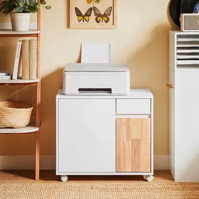 Image de Armoire de rangement sur roulettes - Meuble de bureau blanc pour imprimante et stockage - Dimensions : 65 x 58 x 25 cm, en bois