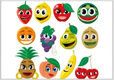 Produktbild von Wallario Wandbild Obst-Smilies im Comic-Stil - Lustige Früchte, Größe: 70,30 x 100,30 cm, Poster mit weißem Kunststoffrahmen