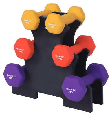 Image de Ensemble de haltères pour la maison – Fonte avec revêtement vinyle – 6 haltères + support, 2 haltères de 1 kg, 1,5 kg et 2 kg