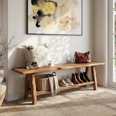 Imagen del producto de Zapatero de madera maciza, 140 x 35 x 45 cm, con asiento. Banco para recibidor con estructura robusta. Estantería para zapatos de madera con espacio de almacenamiento, ideal para recibidores, entradas, salones o dormitorios. Color marrón