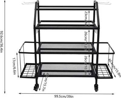 Immagine prodotto di Porta manubri - Scaffale in acciaio a 3 livelli - Sistema di stoccaggio aperto - Cesti laterali e ganci - Elevata capacità di carico e grande capacità - Colore nero