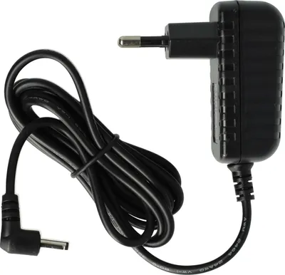 A black power adapter with a coiled cable and a right-angle connector is shown against a white background.