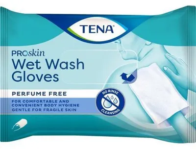Zdjęcie produktu dla TENA ProSkin Wet Wash Gloves, bezzapachowe rękawice do mycia | opakowanie (8 sztuk)