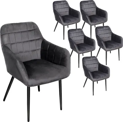 Produktbild von 6x Esszimmerstuhl mit Armlehne Rückenlehne Polsterstuhl Wohnzimmerstuhl Sessel Sitzfläche aus Samt, Metallbeine Dunkelgrau
