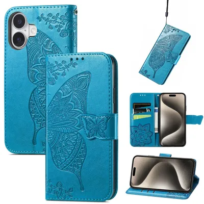 Produktbild von Für Apple iPhone 16 Kunstleder Wallet Handy Tasche Schmetterling Design Hülle Etuis Blau