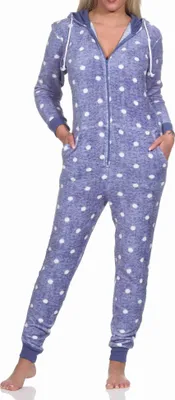 Produktbild von Kuschelig warmer Damen Jumpsuit Schlafanzug Overall aus  in Tupfen Punkte Optik ; blau , 44