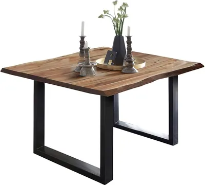 Produktbild von Baumkantentisch 90x90 cm Mephisto, Akazienholz massiv + naturfarben lackiert, Esstisch mit schwarz lackiertem U-Gestell, Esszimmertisch/Holztisch, Tischplatte 26 mm