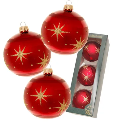Produktbild von Krebs Glas Lauscha Christbaumkugeln 3er Set in Rot mit Kometen - Größe ca. 8cm