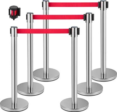 Produktbild von VEVOR Personenleitsystem 6 Ständer 1 Adapter, 90 cm Gesamthöhe Absperrung, Abgrenzungsständer, Absperrständer mit 2 M Länge Gürtel für Airport Flughafen, Ständer aus Stahl und Eisen, Riemenfarbe Rot