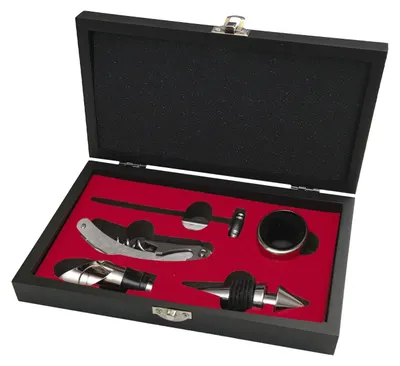 6-teilige Sommelierset aus schwarzem Holz mit Kellnerkorkenzieher