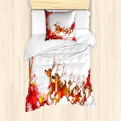 Produktbild von ABAKUHAUS Weihnachtsmann Mantele, Weihnachtskugeln und Rentiere, Milbensicher Allergiker geeignet mit Kissenbezügen, 135 cm x 200 cm - 80 x 80 cm, Pale Braun Rot