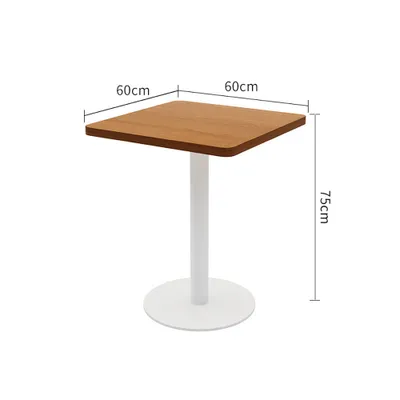 A square table with a wooden top and a white pedestal base, shown with dimensions indicated by text overlays.