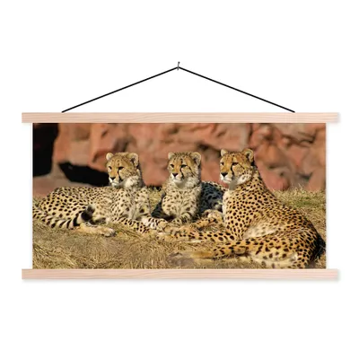 Produktbild von MuchoWow® Textilposter Gepardenmutter und -junge 120x60 cm mit holzfarbenen Rahmen - Klemmleiste