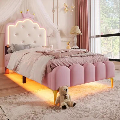 Obrázek produktu pro Abrihome dětská čalouněná postel s lamelovým roštem - 90x200 cm, LED osvětlení, tvar korunky princezny, růžová (bez matrace)