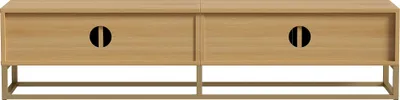 A modern wooden TV stand with two doors and gold-colored legs, presented against a white background.