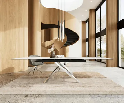 Produktbild von DELIFE Esstisch Edge 200-300x100 Keramik Laminam®Statuarietto Weiß Kreuzgestell Rechteck Edelstahl ausziehbar