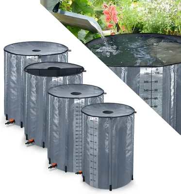 Produktbild von TRMLBE Sud na dešťovou vodu Sud na dešťovou vodu o objemu 750 litrů Skládací nádrž na dešťovou vodu s ochranným krytem z PVC a podpůrnými tyčemi a vypouštěcím ventilem a stupnicí a kohoutky Nádrž na vodu, šedá barva