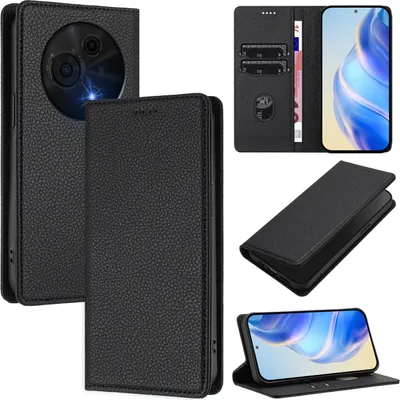 Produktbild von Litchi Leder Handyhülle für TCL 60 NxtPaper Wallet Kartenfächer Standfunktion Hülle Schwarz