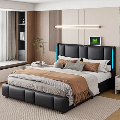 Image de ProximaX lit rembourré 140x200cm avec USB et TYPE-C, lit de rangement avec LED,lit double pour adolescent avec sommier à lattes et espace de rangement, PU, noir