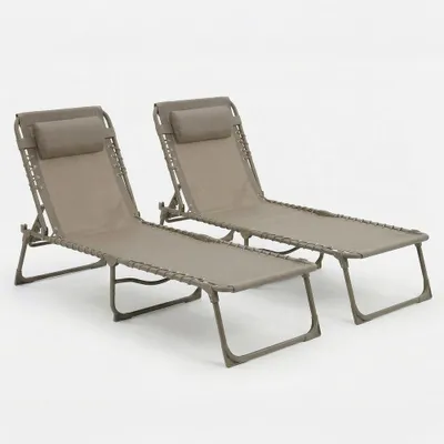 Image de CASABEL Lot de 2 Chaises Longues Pliantes taupe pour jardin, transats extérieurs inclinables, Acier et toile Textilene résistants