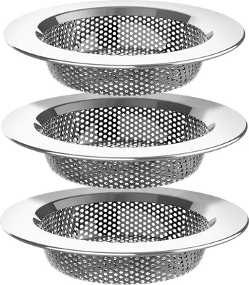 Three stainless steel sink strainers are stacked on a white background.