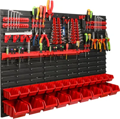 Immagine prodotto di Sistema di stoccaggio Scaffale da officina | 117 x 78 cm | 23 pezzi. Scatola | Scaffale a muro con supporti per utensili e scatole impilabili - Pannelli a muro Scaffale extra resistente Scaffale forato per utensili Scaffale da magazzino Scaffale da garage