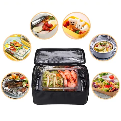 A collage of images showcasing different food items and a lunchbox.