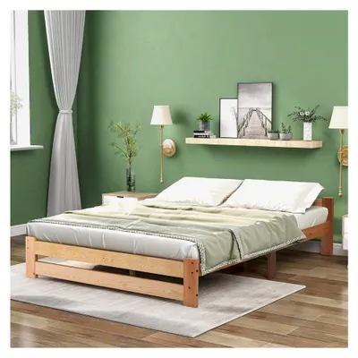 Produktbild von Massivholzbett Futonbett aus Naturholz mit Kopfteil und Lattenrost, Natur (200x140cm)
