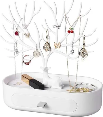 Produktbild von Ibenzoa® Schmuckbaum im Geweih-Design – 3‑in‑1 Schmuckhalter mit Schale & Schublade, ABS, Höhe 20 cm, Maße ca. 24,5×12,5×26 cm, für Ohrringe & Ketten