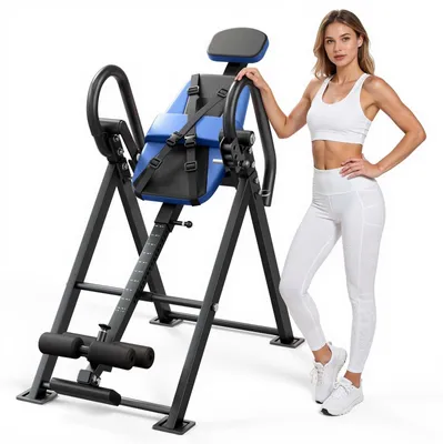 Produktbild von Inversionsbank Rückentrainer - Inversionstisch Klappbar - Belastbar bis 126 kg - Doppelrollenverriegelung - Verstellbare Fußhalterung - 3-stufige Armlehnen - Blau