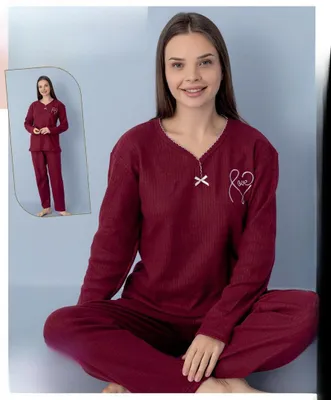 Immagine prodotto di Pigiama da donna rosso XXL lungo e caldo 2 pezzi C-88