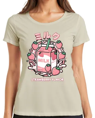 Zdjęcie produktu dla T-shirt damski z motywem "Japońskie mleko truskawkowe" w stylu "kawaii", rozmiar M