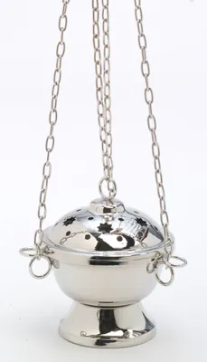 Produktbild von Weihrauchfass mit Kette zum Hängen aus Messing vernickelt Silber Höhe 11 cm mit Innenschale aus Stahl für die Räucherkohle