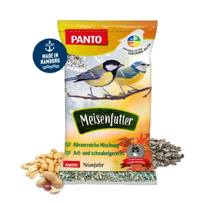 A bag of bird food with images of birds and ingredients.