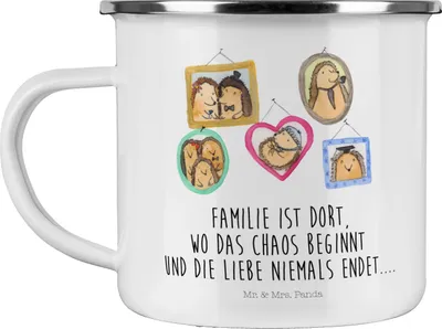 Produktbild von Mr. & Mrs. Panda Teetasse Igel Familie - Weiß - Geschenk, Blechtasse, Emaille Tasse, Teebecher, Mama, Bilder, Liebe, Haferl, becher, Bruder, Muttertag