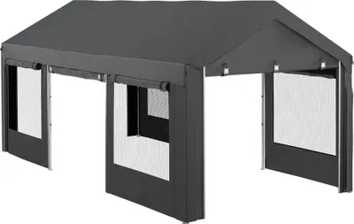 Produktbild von Outsunny Carport, ca. 6 x 3m Partyzelt, höhenverstellbar Autogarage, Autoüberdachung mit 4 Netzfenstern, 4 Türen, für Auto, Lkw, Stahl, Dunkelgrau