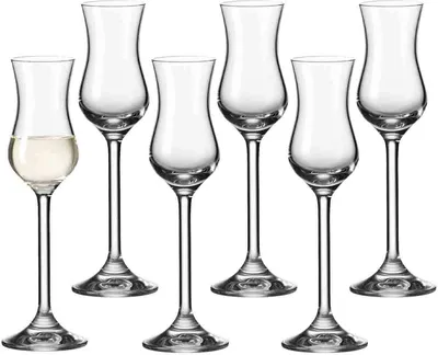A set of six clear glass grappa glasses on a white background. One glass contains a small amount of pale yellow liquid.