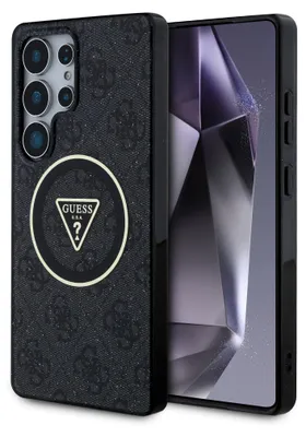 Zdjęcie produktu dla Guess 4G Glitter Triangle Buttons MagSafe - Etui do Samsung Galaxy S25 Ultra (czarny)